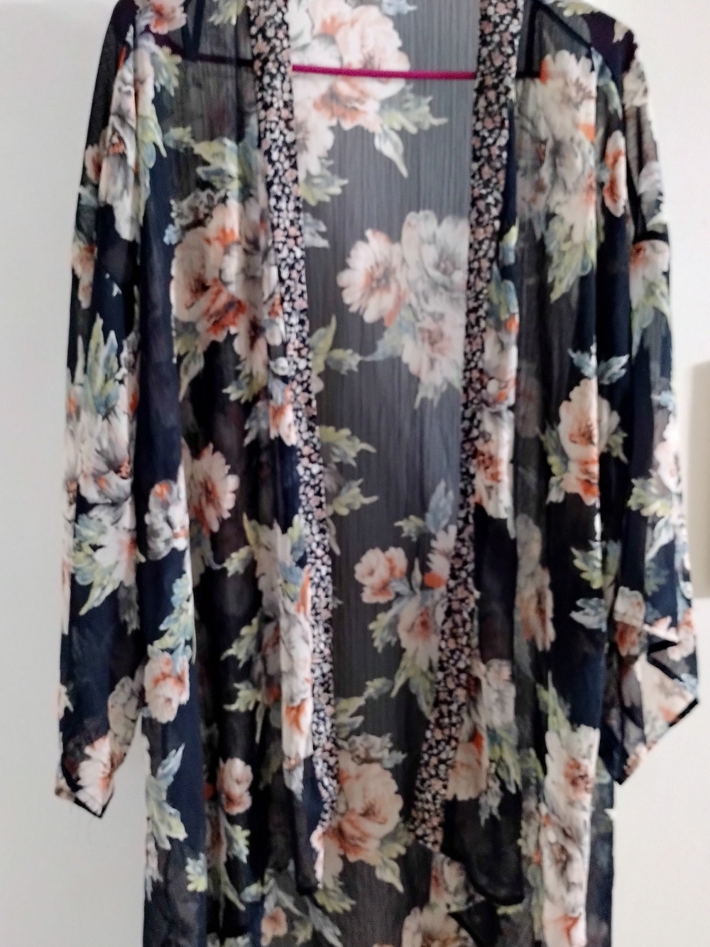 Band of Gypsies Navy Floral Sheer Kimono with Cream & Peach Blooms